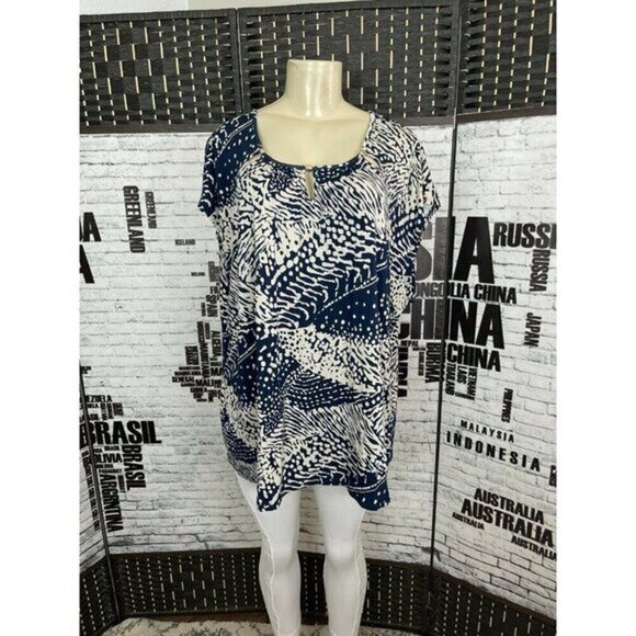 Grayson Plus 3X Navy Blue Print Scoop Cut-Out Metal Bead Neck Sleeveless Top - Picture 1 of 6